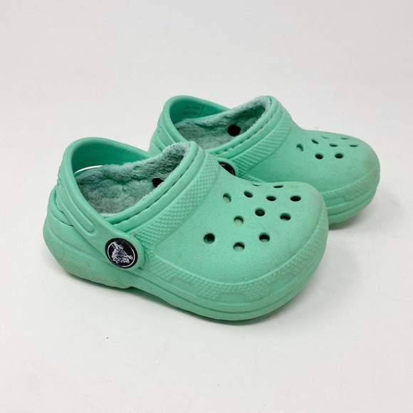 Crocs Toddler Classic Fuzzy Lined Clog Slip On Shoes Mint Green Sz 5 - Picture 1 of 7
